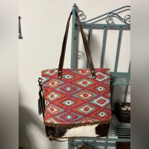 New Pink Myra Bag Cowhide Canvas Leather Tote large Barbie western